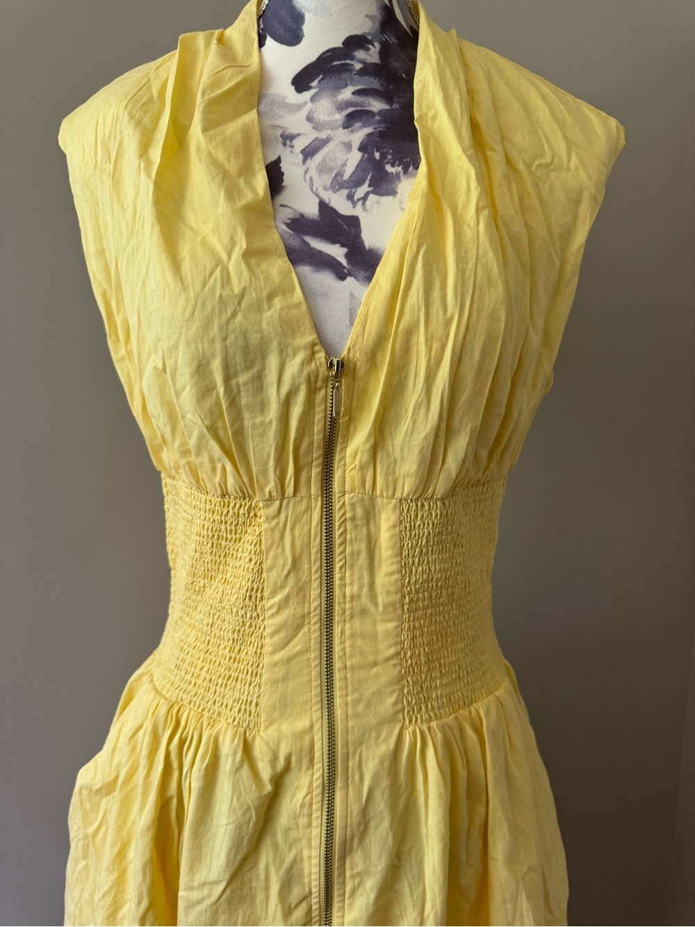 Anthropologie Tommie Cap Sleeve Smocked Front Zip Yellow Zip Midi Dress - Picture 2 of 12